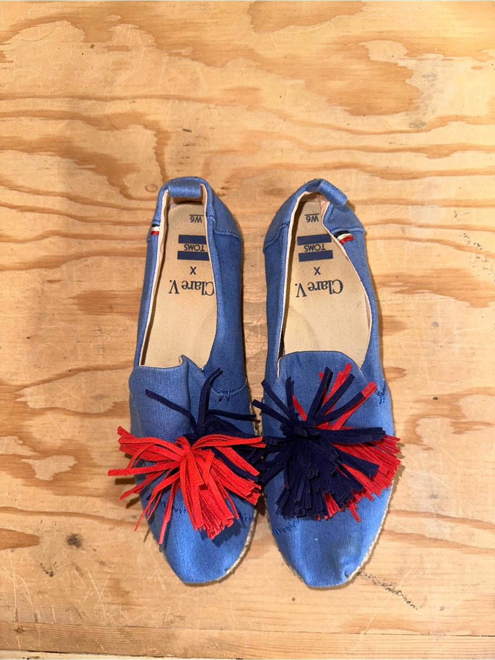CLARE V. Blue Espadrille Flats with Red & Navy Tassels